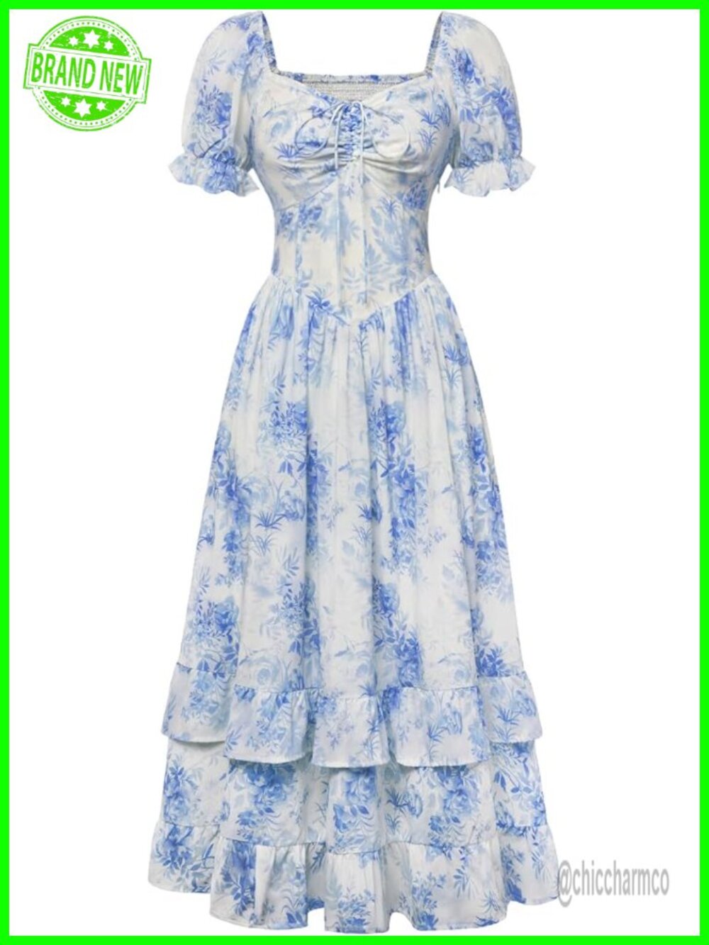 Floral Cottagecore Maxi Dress with Puff Sleeves Corset Waist Pockets